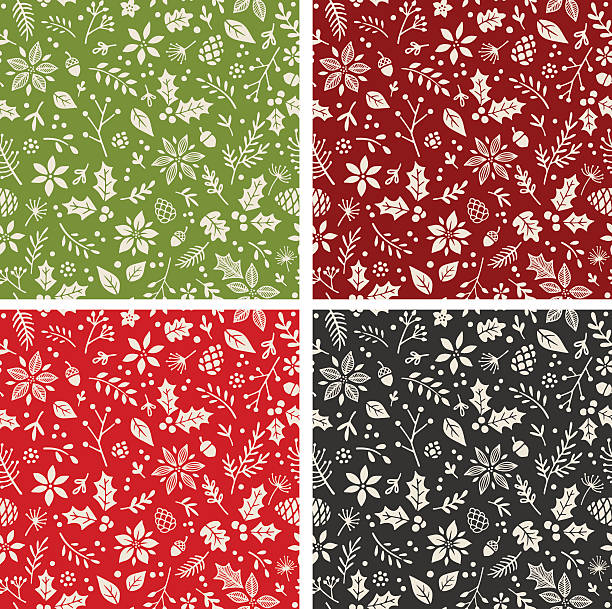 Four color ways of a seamless holiday pattern. Scroll down to see more of my designs linked below.