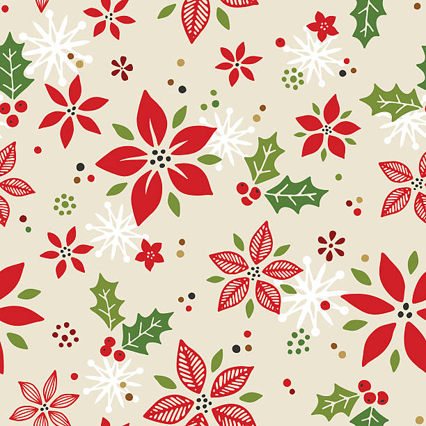 Seamless Pointsettia Pattern Seamless pattern of cute hand drawn poinsettias.  AI10 file with uncropped shapes and hi res jpeg included. Scroll down to see more of my designs linked below. christmas wrapping paper stock illustrations