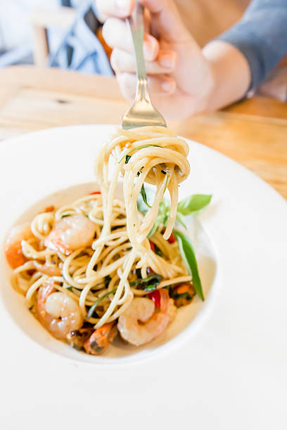 istock Spicy spaghetti seafood in white dish 514382053