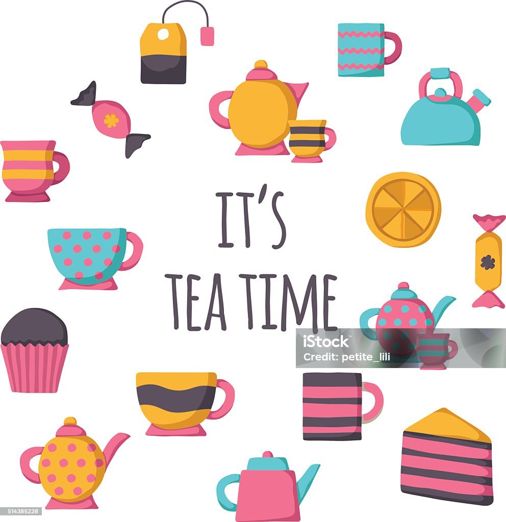 Teatime cartoon objects Set of cute teatime cartoon objects for your design Afternoon Tea stock vector