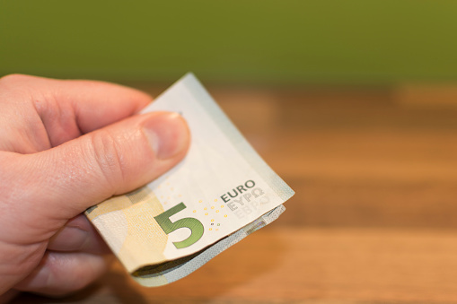 Hand holding a 5 Euro banknote.