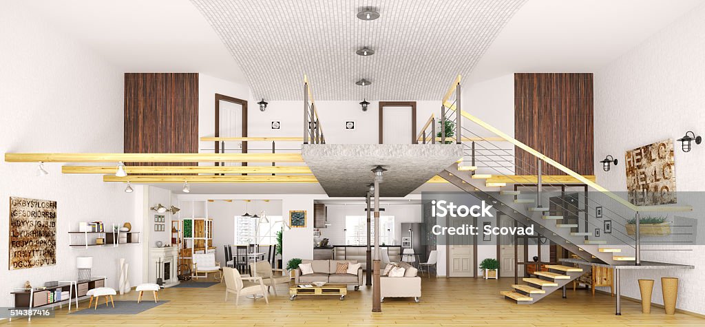 Modern loft apartment interior in cut 3d render Modern loft apartment interior in cut, living room, hall, kitchen, dining room,staircase, 3d render. All images, photos, pictures used in this interior are my own works, all rights belong to me. Cross Section Stock Photo