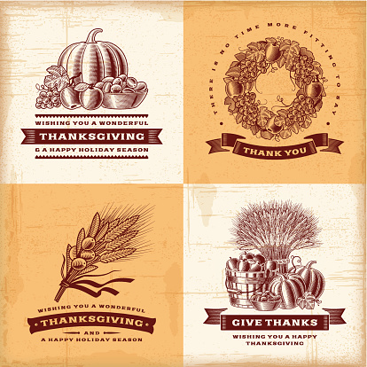 A set of fully editable vintage Thanksgiving labels in woodcut style. EPS10 vector illustration with clipping mask. Includes high resolution JPG.