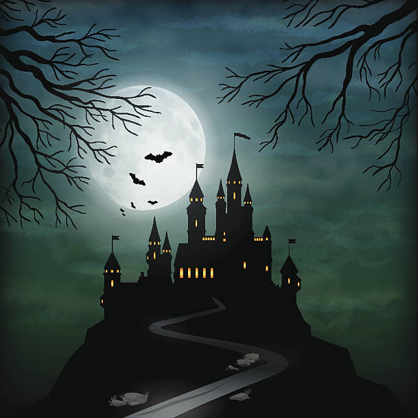 illustrazioni stock, clip art, cartoni animati e icone di tendenza di vettoriale castello di cielo chiaro di luna fantasia - building exterior fog street halloween