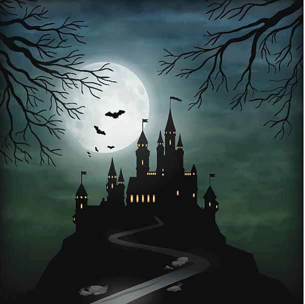 ilustrações, clipart, desenhos animados e ícones de fantasy vetor de céu de luar castelo - mist castle fog night