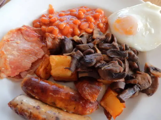 Photo showing a greasy fried breakfast - a 'Full English' fry up, complete with two sausages, rashers of bacon, fried potatoes / potato cubes, baked beans, sliced mushrooms and a fried egg.