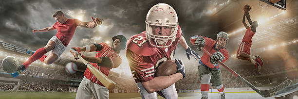 Sports Heroes Composite image of five male athletes in action – soccer player in mid air kicking ball, baseball player swinging bat to hit ball, American football player holding ball and running towards camera, ice hockey player hitting puck and basketball player about to reverse slam dunk. Backgrounds are appropriate stadiums and arenas.  baseball sport stock pictures, royalty-free photos & images