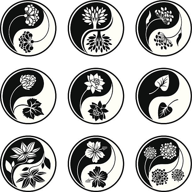 yin yang kwiatowy ikony - yin yang symbol lotus illustration and painting yin yang ball stock illustrations