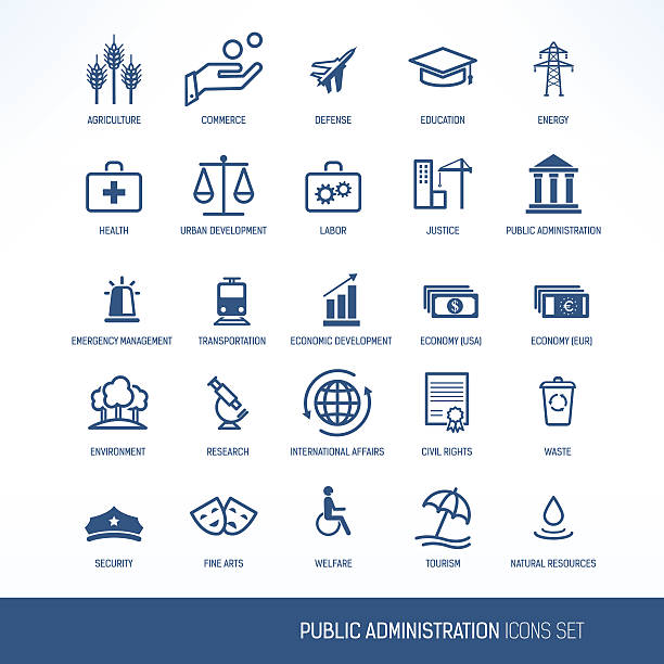 Public administration icons Public administration icons set, one color lobby office stock illustrations