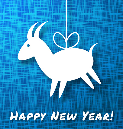 Goat Paper Applique on Bright Blue Canvas Background. 2015 - Chinese New Year of the Goat. Vector illustration.