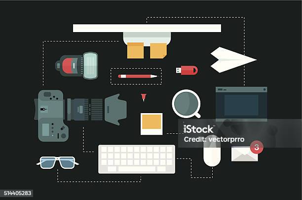 Desk Header Stock Illustration - Download Image Now - Arranging, Business, Camera - Photographic Equipment