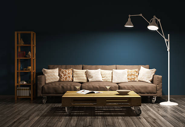 Modern evening interior of living room 3d render Modern evening interior of living room with sofa, floor lamp against of brown wall 3d render navy blue photos stock pictures, royalty-free photos & images