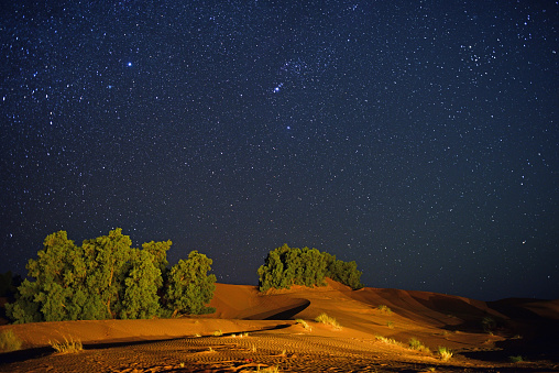 High ISO picture of a starry sky over Sahara desert in Erg Chebbi Dunes, Morocco. Brightest “star” in a middle is actually  the Orion Nebula M42, right below 3-star Orion’s belt. Brightest star on the left is Sirius.