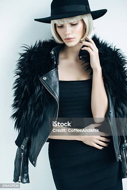 Beautiful Girl Wearing Hat Stock Photo - Download Image Now - Glamour, Leather Jacket, One Woman Only