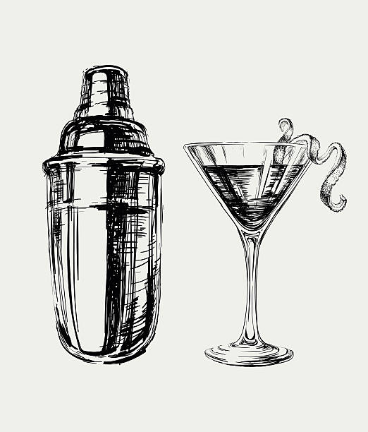 illustrations, cliparts, dessins animés et icônes de croquis les cocktails cosmopolites et shaker vector illustration dessiné à la main - martini glass illustrations