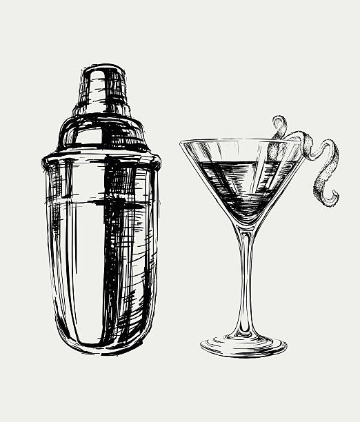 ilustrações, clipart, desenhos animados e ícones de desenho de coquetéis cosmopolitas e coqueteleira desenhado à mão de ilustração vetorial - copo de martini