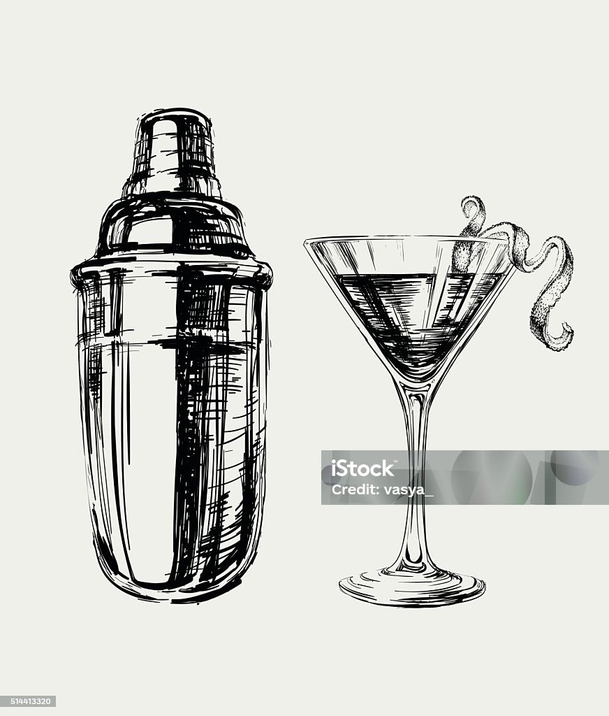 Sketch Cosmopolitan Cocktails and Shaker Vector Hand Drawn Illustration Cocktail stock vector