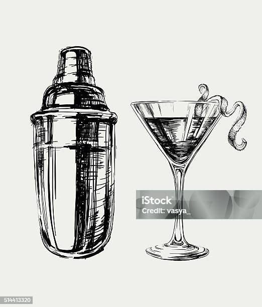 Sketch Cosmopolitan Cocktails And Shaker Vector Hand Drawn Illustration Stock Illustration - Download Image Now