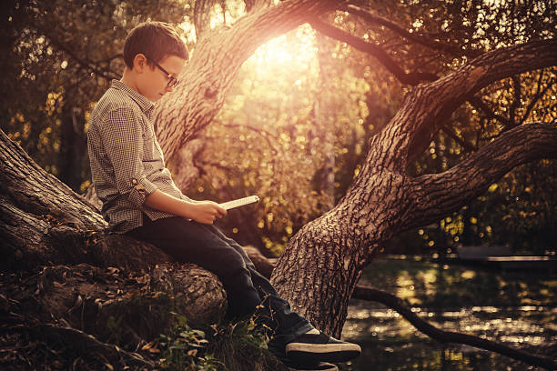 istock Boy using digital tablet sitting in the park at sunset 514413460