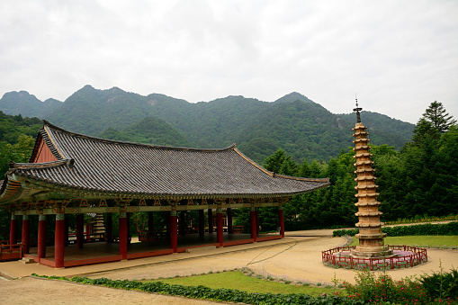 Myohyang National Park, North-Korea - June 12, 2014: Pohyon Buddhist temple in the Myohyang Mountains.