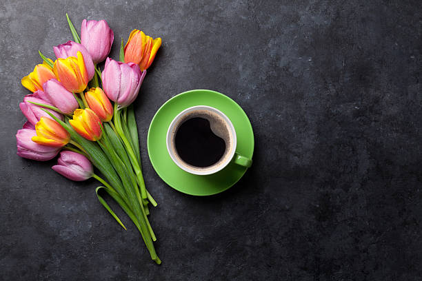 istock Fresh colorful tulip flowers and coffee 514414904