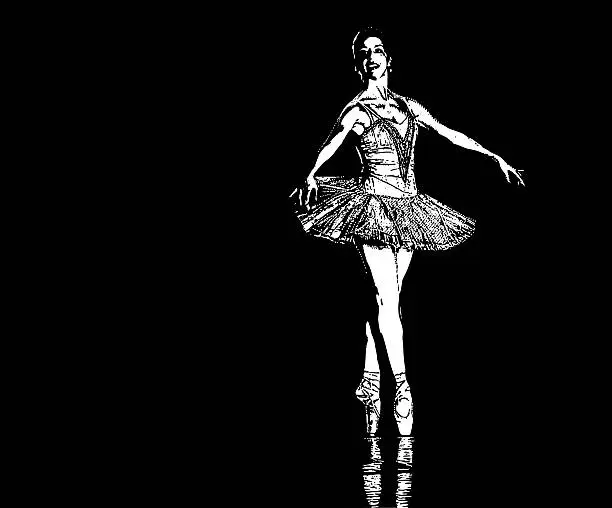 Vector illustration of Ballerina dancing on stage. Isolated on black background