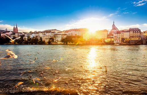 Sunset on a beautiful winter day at the river Rhein in Basel