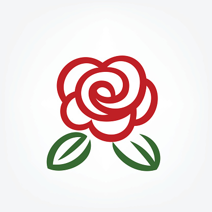 Simple red rose vector graphic as a simple outline insignia with two leaves which can also be used individually as environment graphics.
