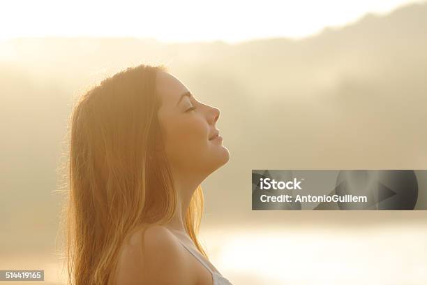 女性の呼吸深い新鮮な空気では朝の日の出 - 息を吸うのストックフォトや画像を多数ご用意 - 息を吸う, 呼吸法, 少女