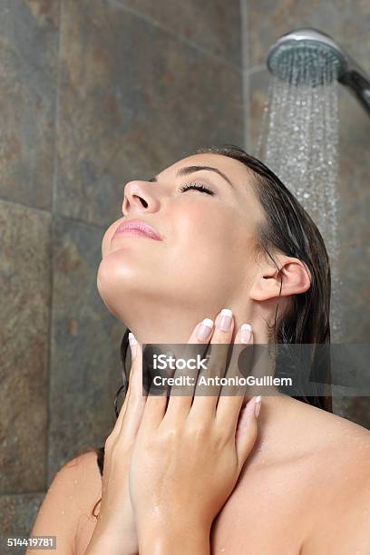 Beauty Woman With French Manicure Showering Stock Photo - Download Image Now - Adult, Adults Only, Bathroom