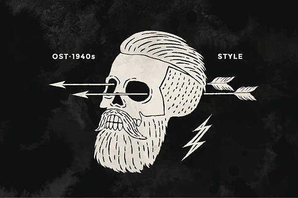 Poster of vintage skull hipster label for t-shirt print Poster of vintage skull hipster label. Retro old school set for t-shirt print. Black and white. Vector Illustration cartoon of painted skull faces stock illustrations