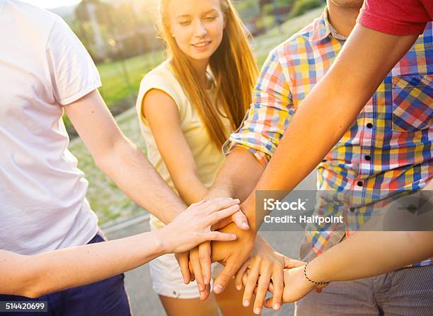 Friends With Hands In Stack Stock Photo - Download Image Now - Achievement, Adult, Beautiful People
