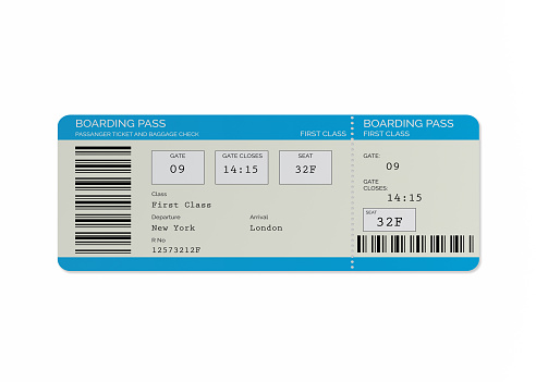 Blue airline ticket - boarding pass isolated on white background. Clipping path is included.