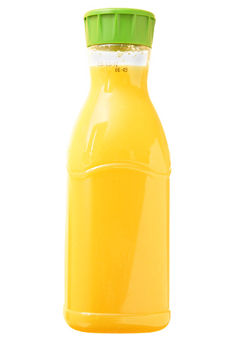 one litre transparent plastic carton orange juice isolated on white 