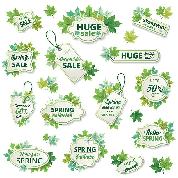 Vector illustration of Set Of Fresh Green Spring Sale Tag With Maple Leaves