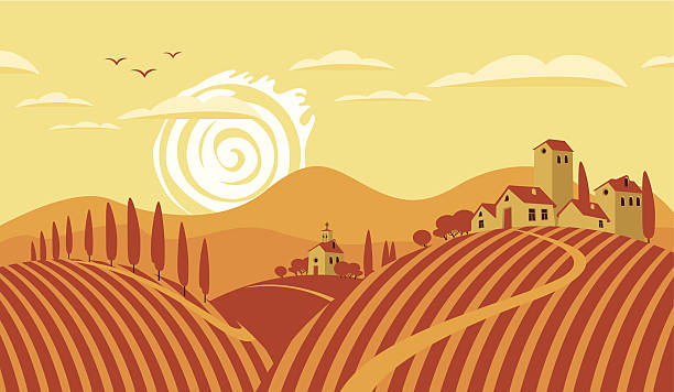 illustrazioni stock, clip art, cartoni animati e icone di tendenza di azienda vinivola - horizon over land tree sunset hill