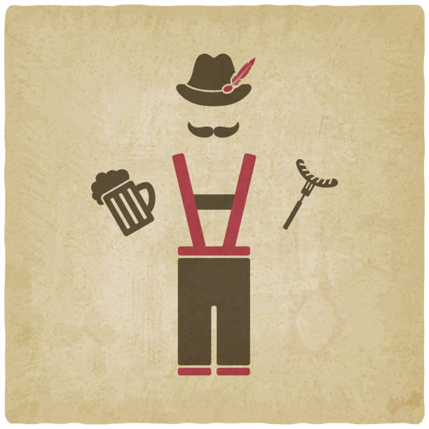 Beer Fest man with beer mug and sausage Beer Fest man with beer mug and sausage - vector illustration. eps 10 Lederhosen stock illustrations