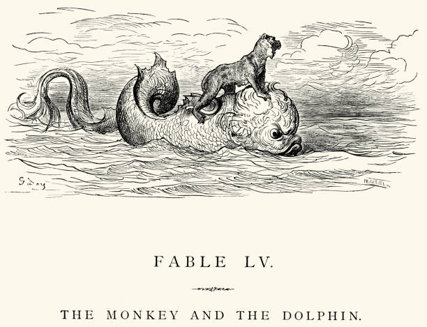 Vintage engraving from La Fontaine's Fables, Illustraed by Gustave Dore. The Monkey and the Dolphin
