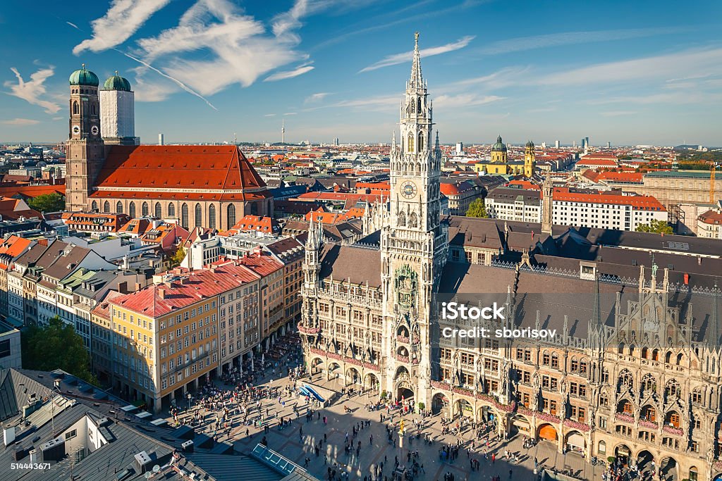 Aerial view on the historic center of Munchen Aerial view of Munchen: Marienplatz, New Town Hall and Frauenkirche Munich Stock Photo