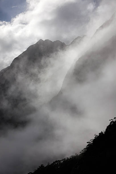 rainny dia, milfordsound e com nevoeiroweather forecast - flowing nature new zealand uncultivated imagens e fotografias de stock