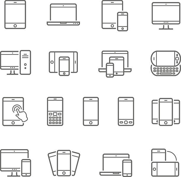 linien symbol-set-flexible geräte - mobile phone mobility telephone computer stock-grafiken, -clipart, -cartoons und -symbole