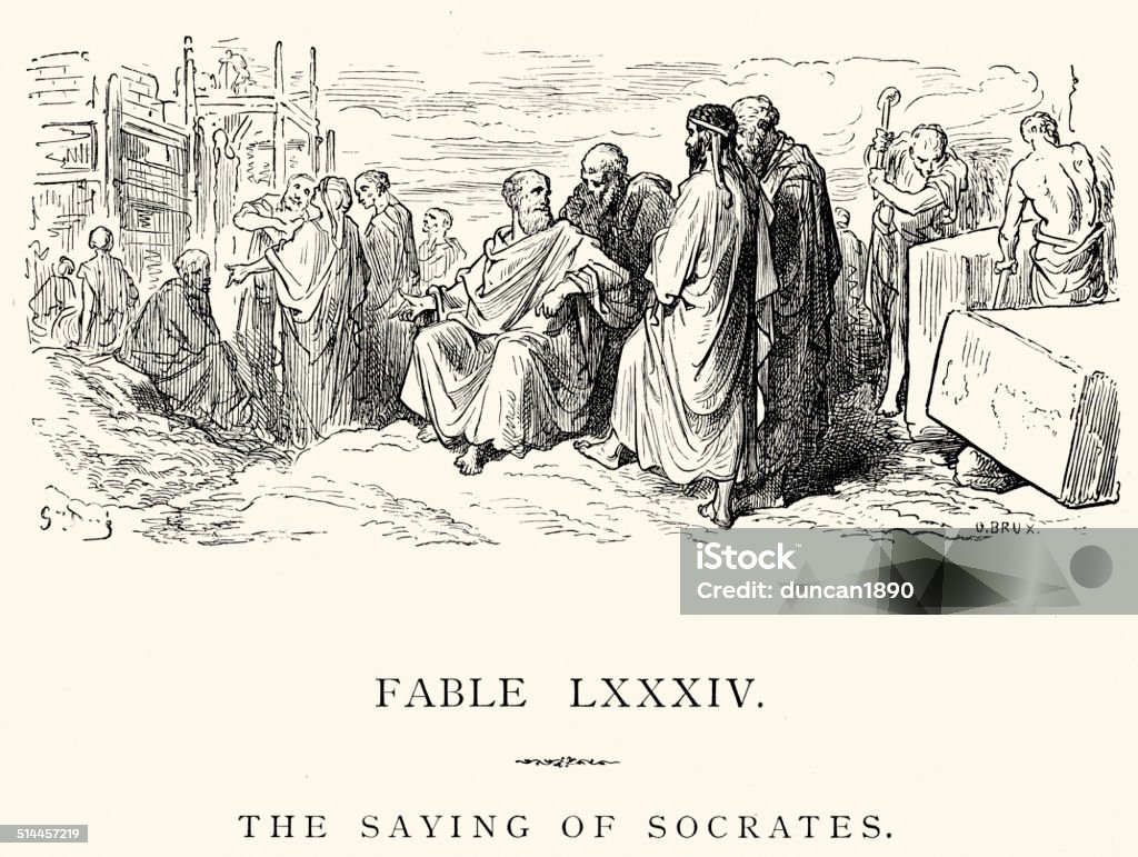 La Fontaine's Fables - The Saying of Socrates Vintage engraving from La Fontaine's Fables, Illustraed by Gustave Dore. The Saying of Socrates Socrates - Philosopher stock illustration