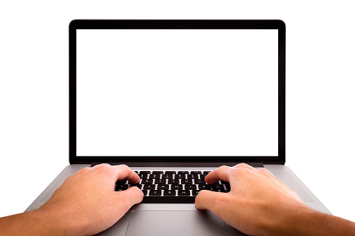 Man hands working on the laptop, photo taken with first person view - isolated on white