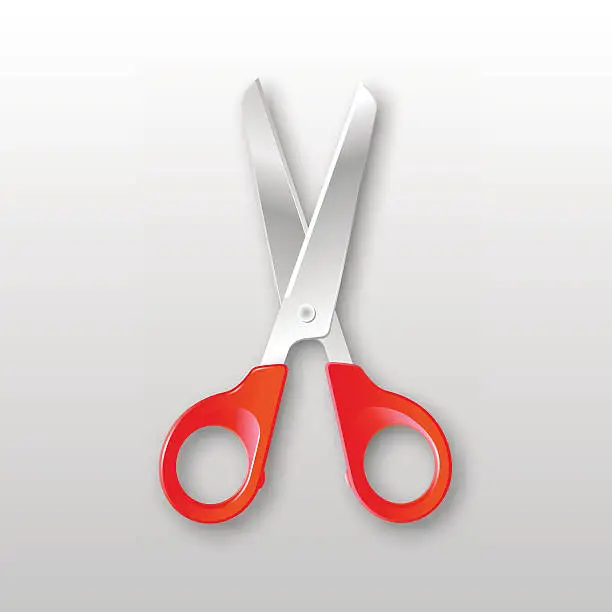 Vector illustration of Realistic Steel silver scissors red plastic handles with shadow isolated