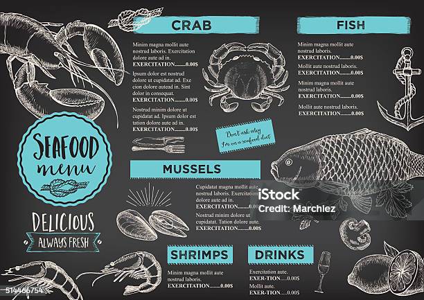 Restaurant Cafe Menu Template Design Stock Illustration - Download Image Now - Menu, Seafood, Chalkboard - Visual Aid