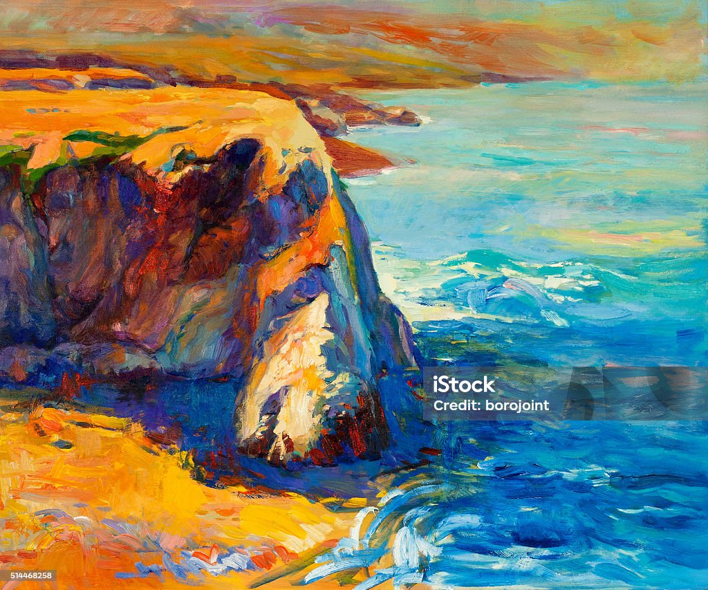 Ocean and cliffs Original oil painting of  ocean(sea) coast and cliffs on canvas.Modern Impressionism Art stock illustration