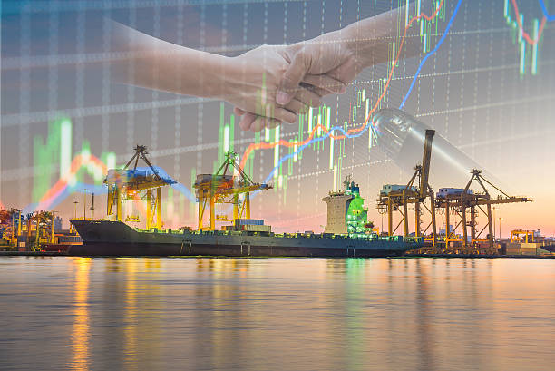 istock Double explosure with businesss charts , handshake and Container 514468898