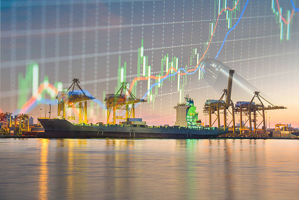 istock Double explosure with businesss charts and Container Cargo freig 514468938