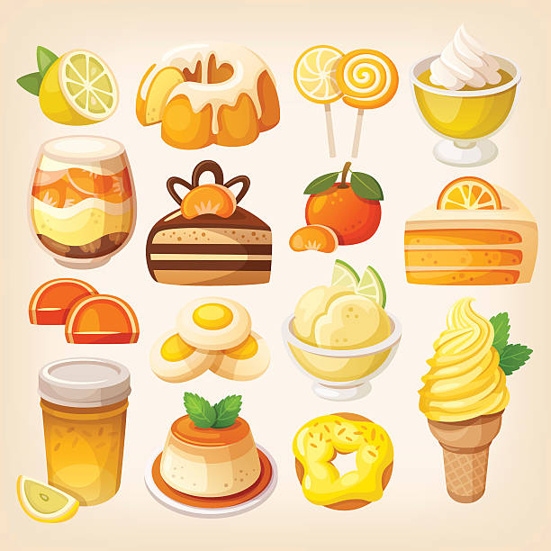 ilustraciones, imágenes clip art, dibujos animados e iconos de stock de colorido limón, naranja y postres - chocolate bundt cake