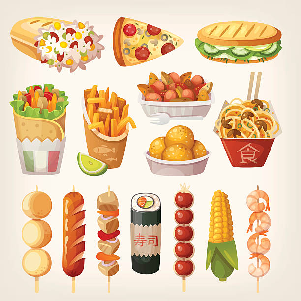 Street food from different countries of the world Set of colorful takeaway food that is sold at every cornor street food stock illustrations